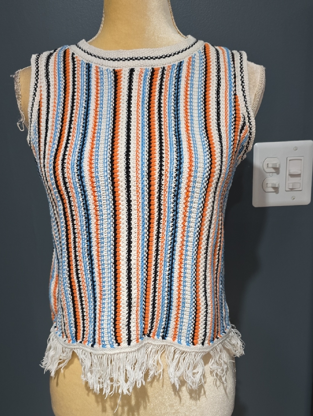 Lou & Grey For Loft Multicolor Striped Fringe Sweater, White, Blue & Orange Sz S